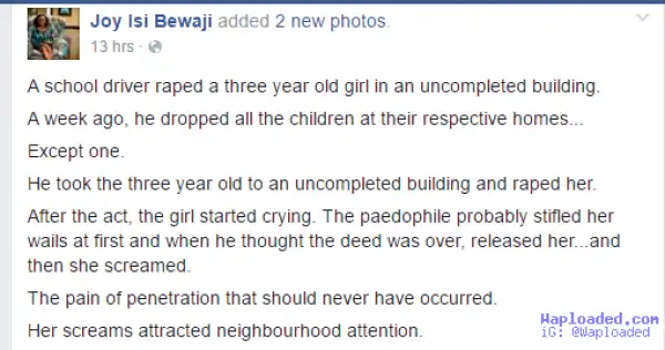 Joy Isi Bewaji Rains Curses On School Driver Who Raped 3-Year Old Girl